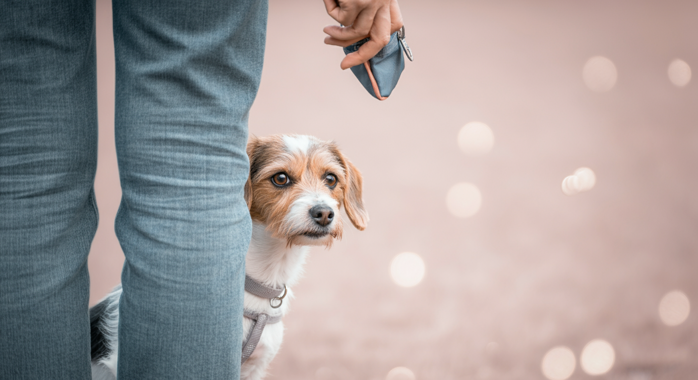 ドッグランの隅で飼い主の足の後ろに隠れる犬に、飼い主が優しくおやつを差し出している。