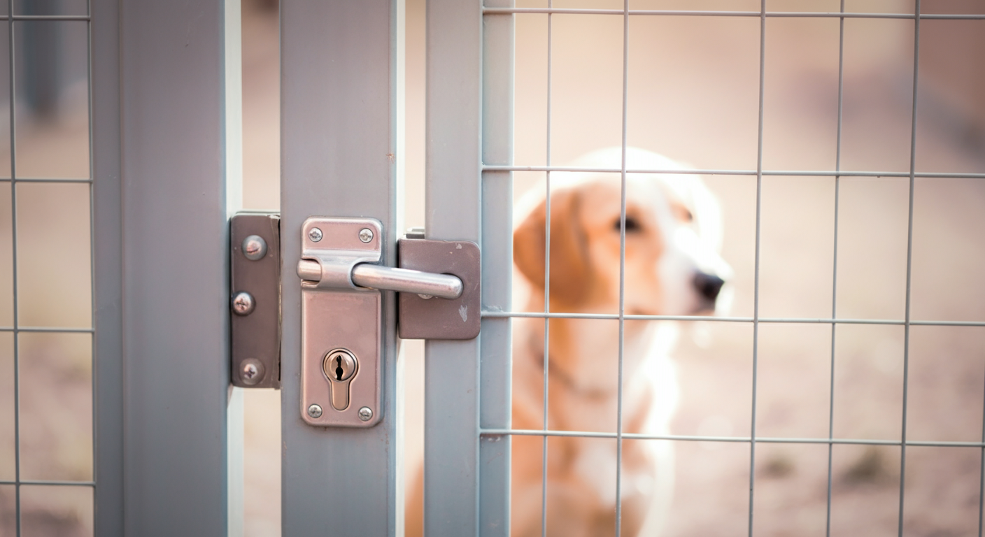 ドッグランの入り口のゲートと待っている犬のシルエット