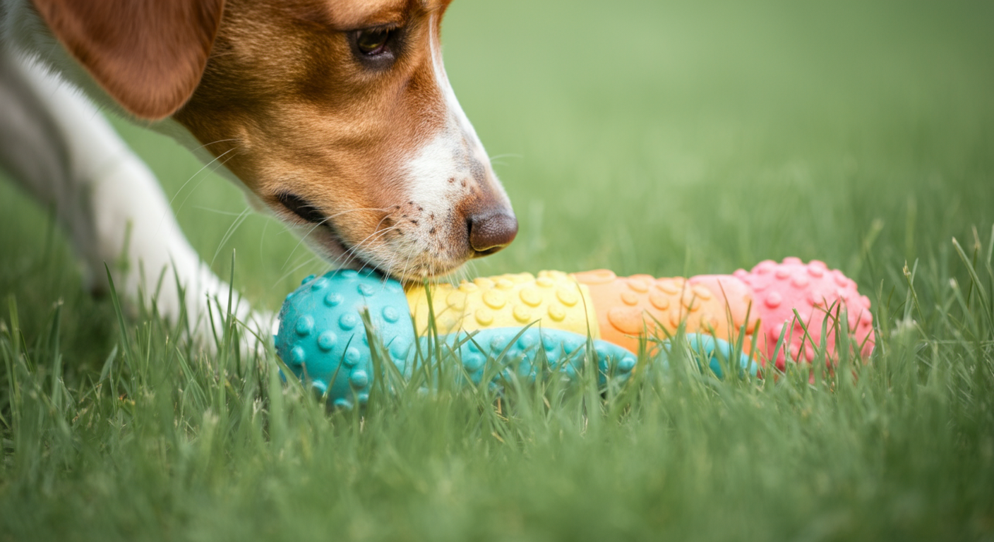 草の中に隠された知育トイの匂いを嗅ぐ犬の鼻のクローズアップ