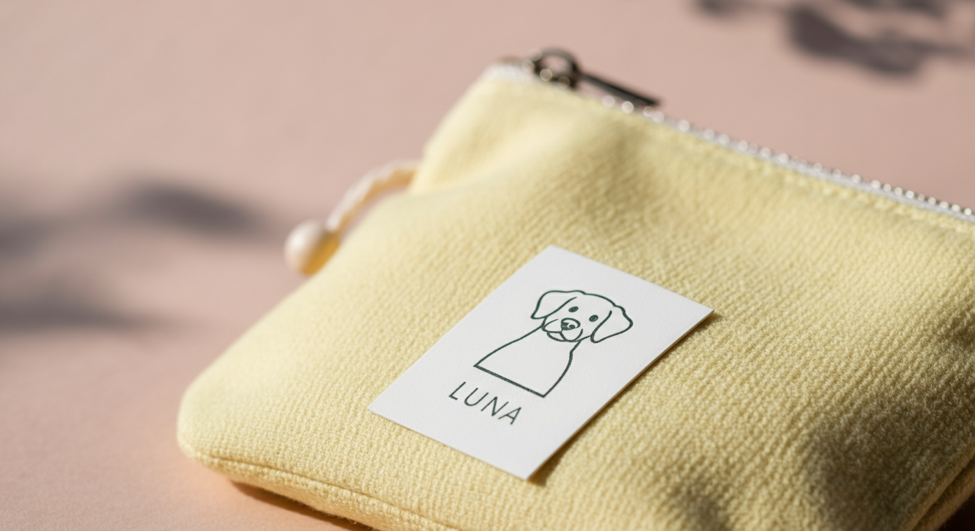 犬のシルエットと『LUNA』という名前が印刷されたおしゃれなラベルが貼られた、パステルイエローのポーチのクローズアップ。