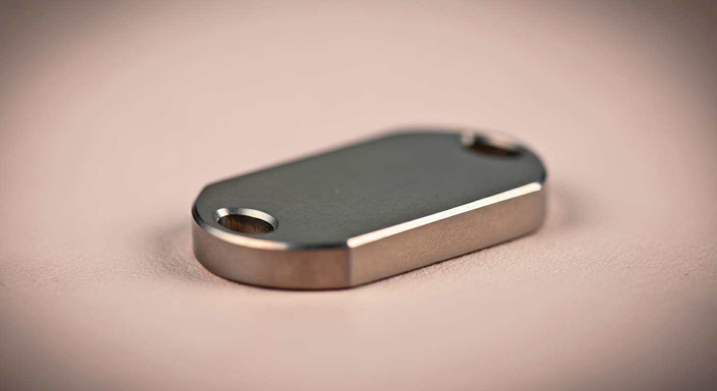 丈夫なチタン製迷子札の、厚みと丸みを帯びたエッジを捉えた写真。耐久性を表現している。