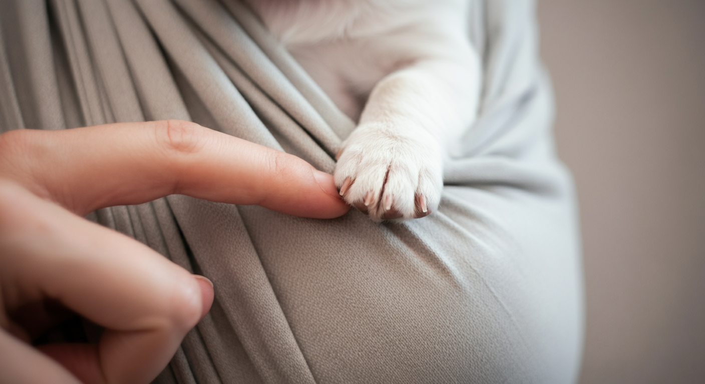 スリングの縁に置かれた飼い主の指と、それに安心したように寄り添う小さな犬の足のマクロ写真。