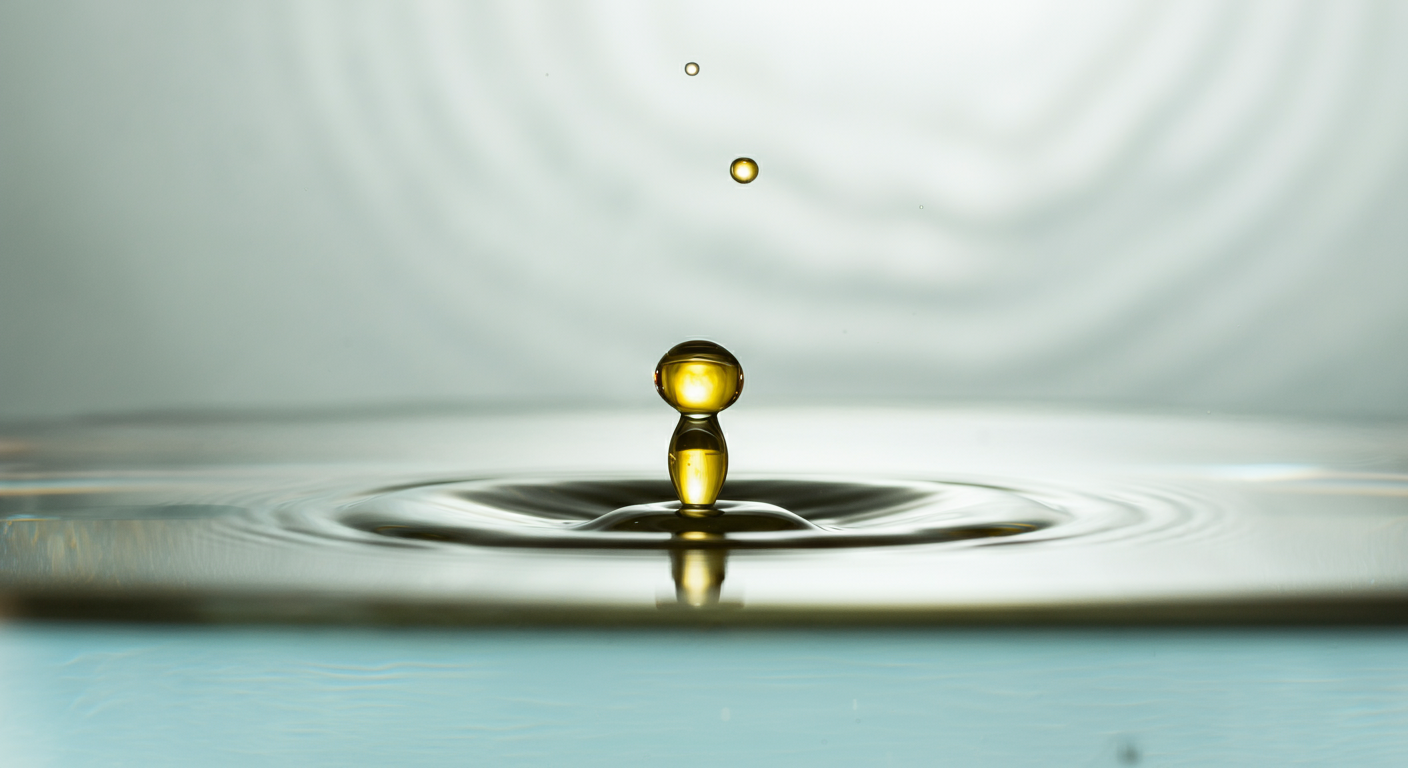 パステルカラーの背景で、水面に黄金色のオイルが一滴落ち、穏やかな波紋が広がっている。