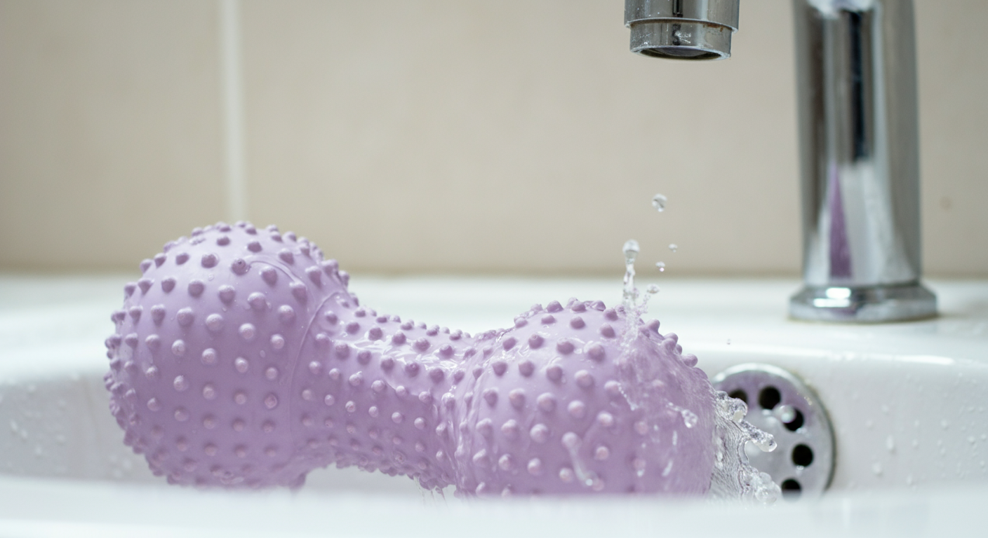 白いシンクの中で、ゴム製の犬用おもちゃに水のしずきがはねている様子。