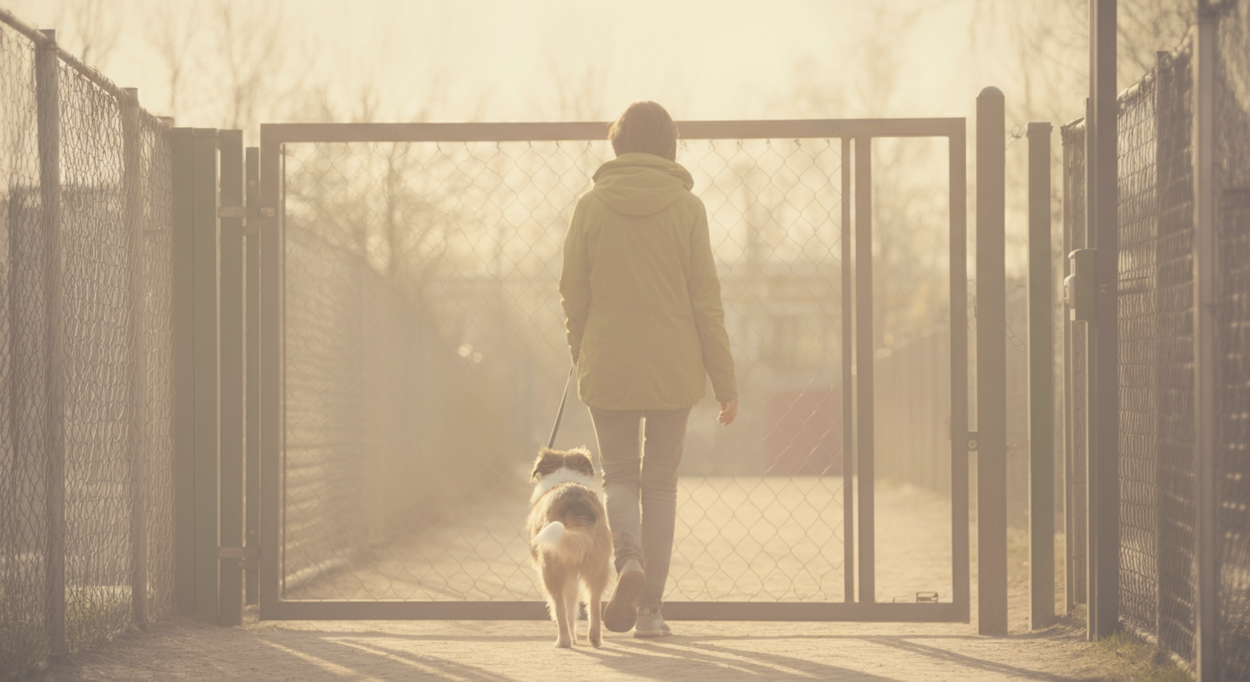 夕暮れの光の中、飼い主と一匹の犬がドッグランの出口に向かって静かに歩いている後ろ姿。