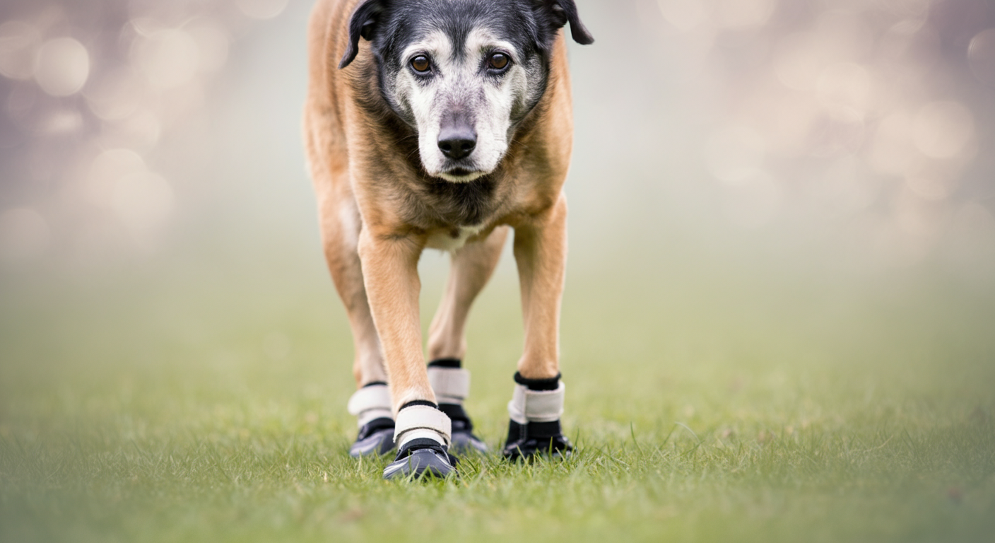 滑り止め付きの靴を履いたシニア犬が、芝生の上をゆっくりと歩いている足元の様子。