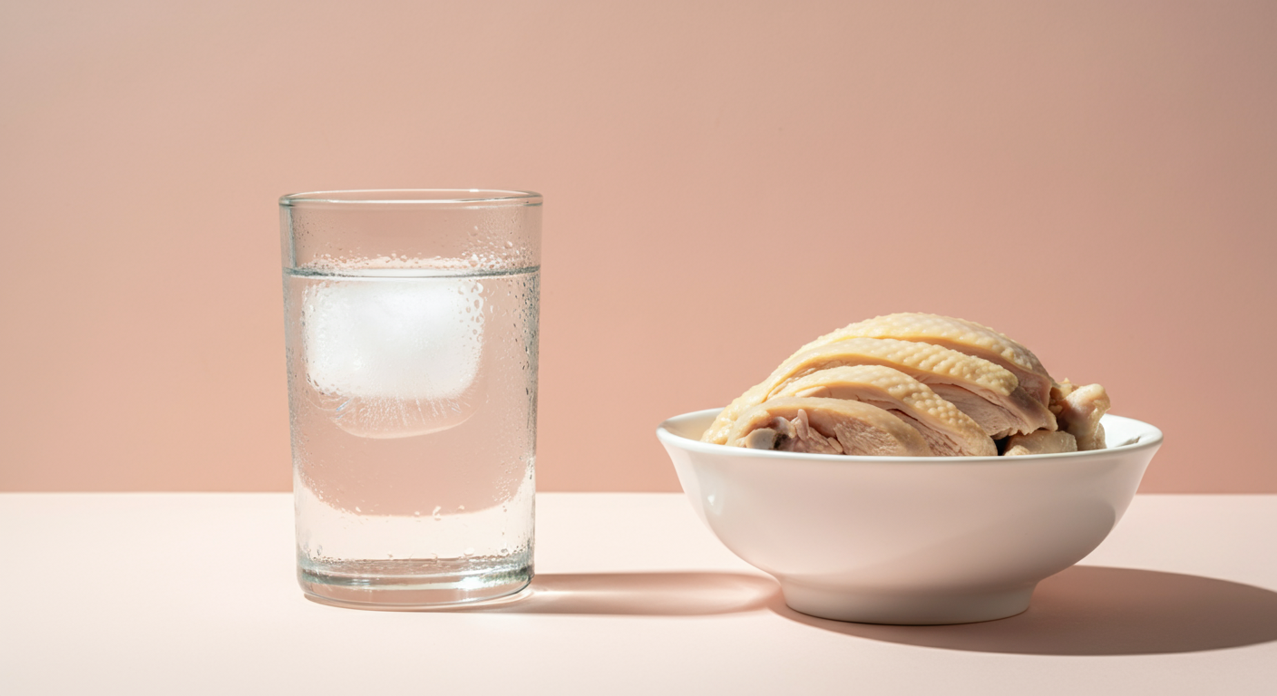 新鮮な水が入ったグラスと、湯気の立つ蒸した鶏肉が入った白いボウル。消化に良い食事をイメージさせる清潔な写真。