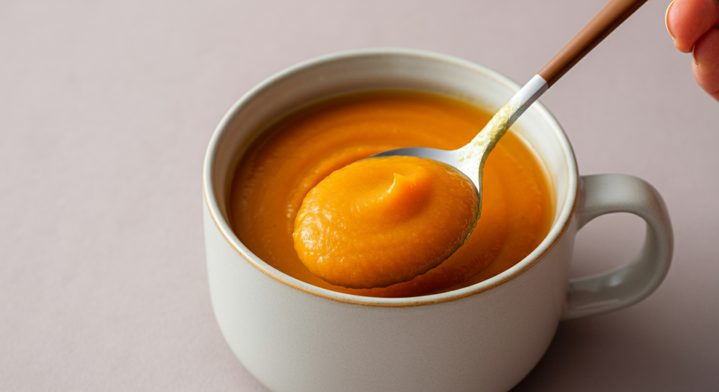 サツマイモとにんじんの滑らかなピュレがスプーンに乗っているクローズアップ写真。消化の良さとケアを象徴している。