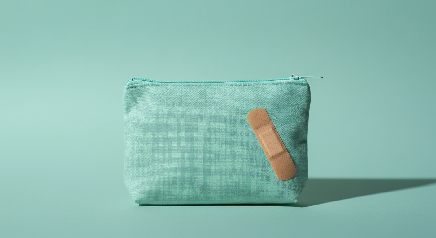 中から包帯が少しのぞいている、ミントグリーンの小さな救急ポーチの写真。万が一への備えを表している。
