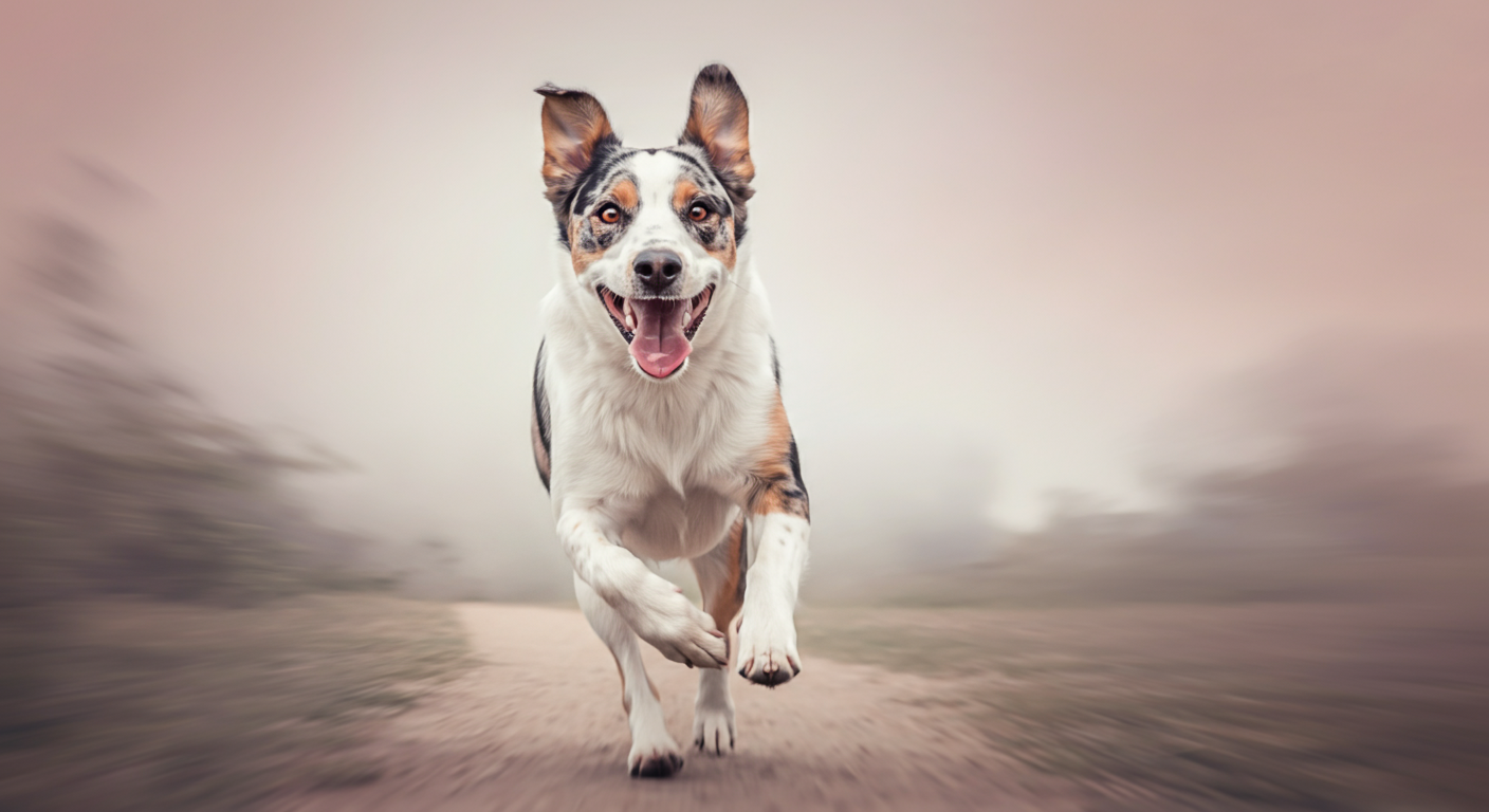 飼い主の呼び戻しに応じて、楽しそうな表情でこちらへ走ってくる犬の躍動感あふれる写真。