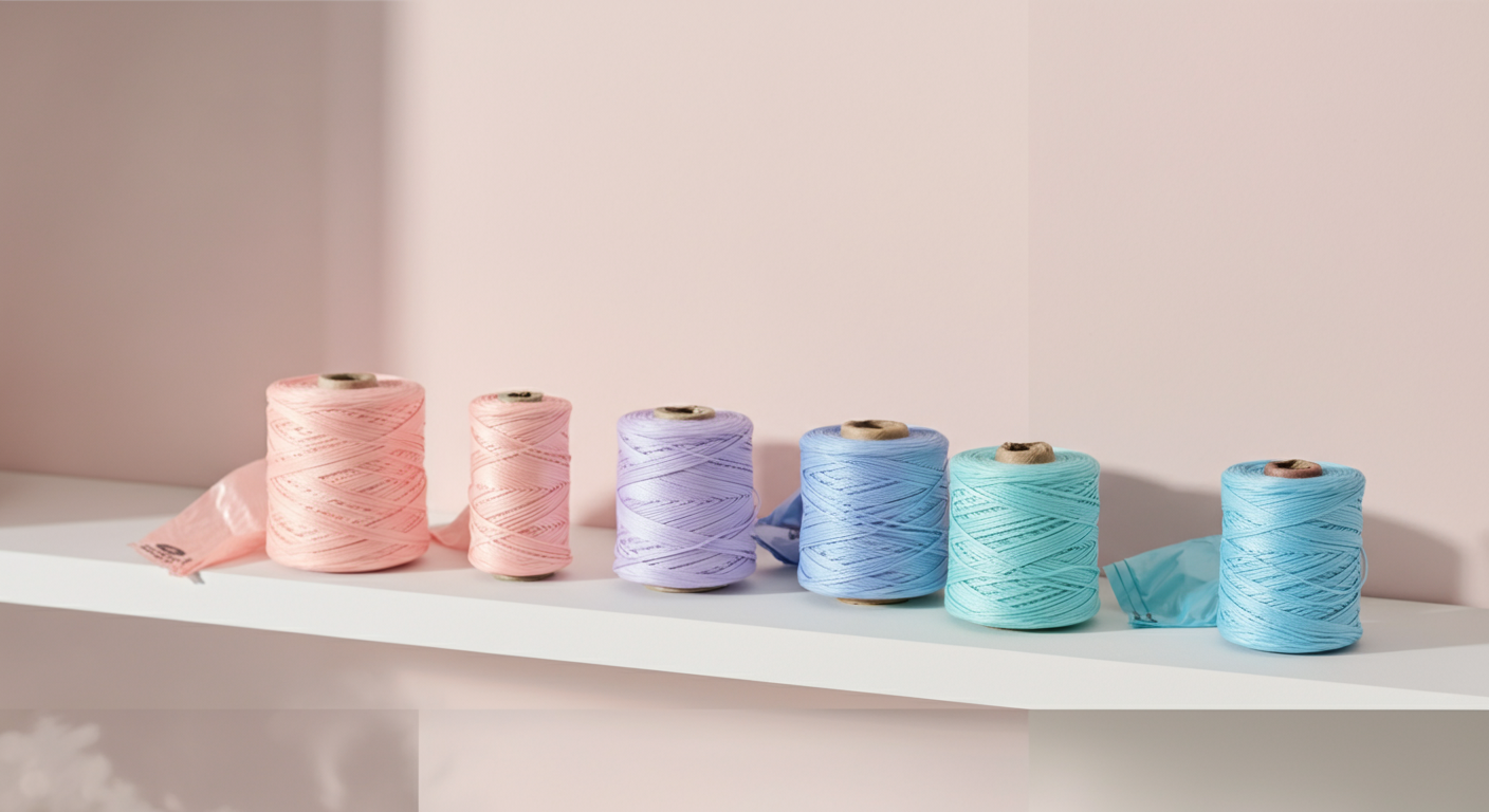 パステルカラーのグラデーションになったうんち袋のロールが、白い棚にアート作品のように並べられている写真。