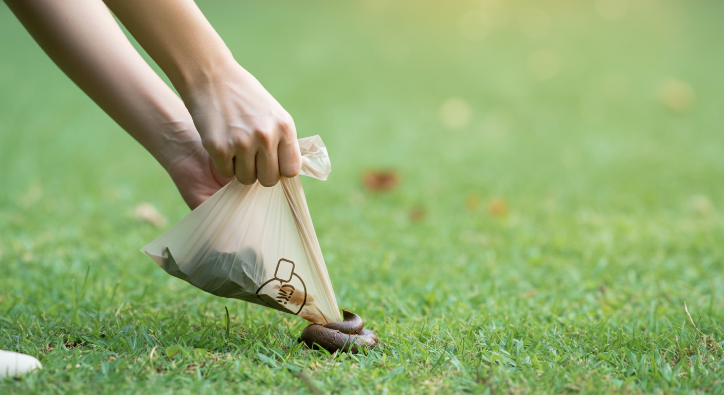 緑の芝生の上で、飼い主が手際良く排泄物を処理している手元のクローズアップ写真。清潔感とスムーズさを強調している。
