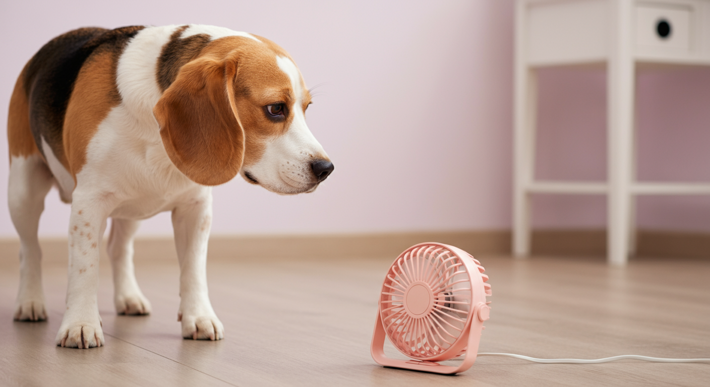 床に置かれたハンディファンを、少し離れた場所から慎重に匂いを嗅いでいるビーグル犬。