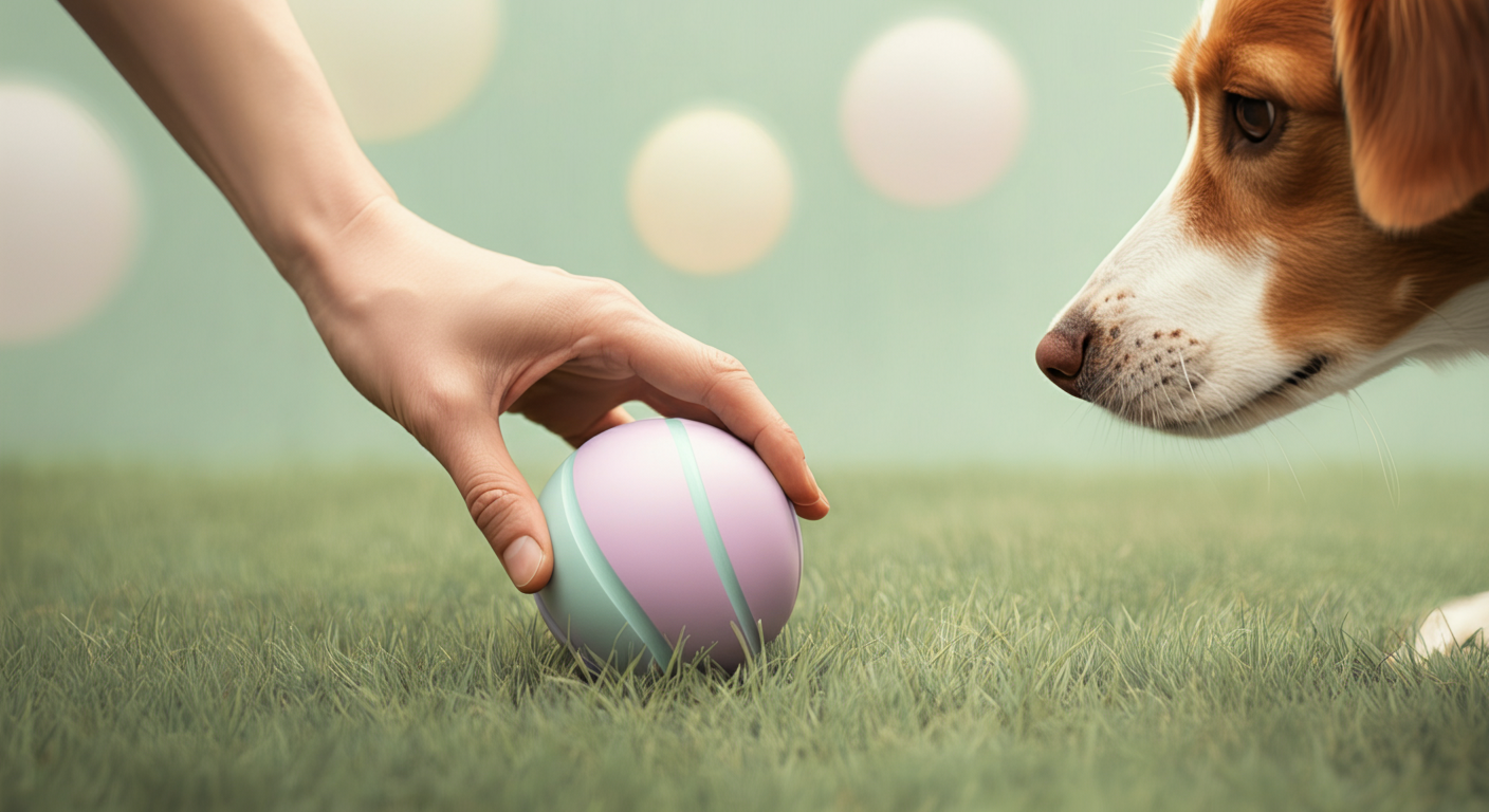 飼い主の手が芝生の上でパステルカラーのボールを転がしており、そのボールに一匹の犬が鼻を近づけているクローズアップ写真。