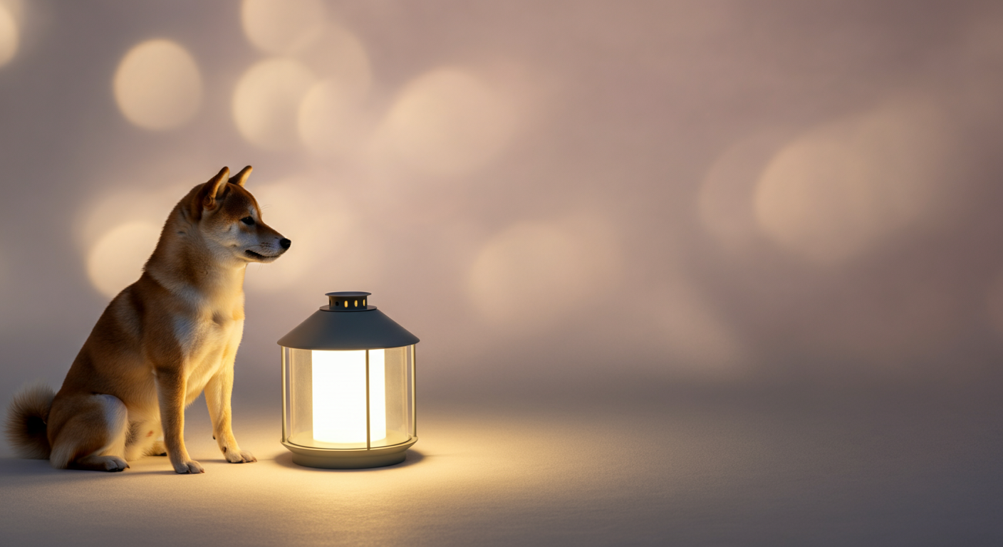 明るさを抑えたランタンの横で静かに座る犬のシルエット