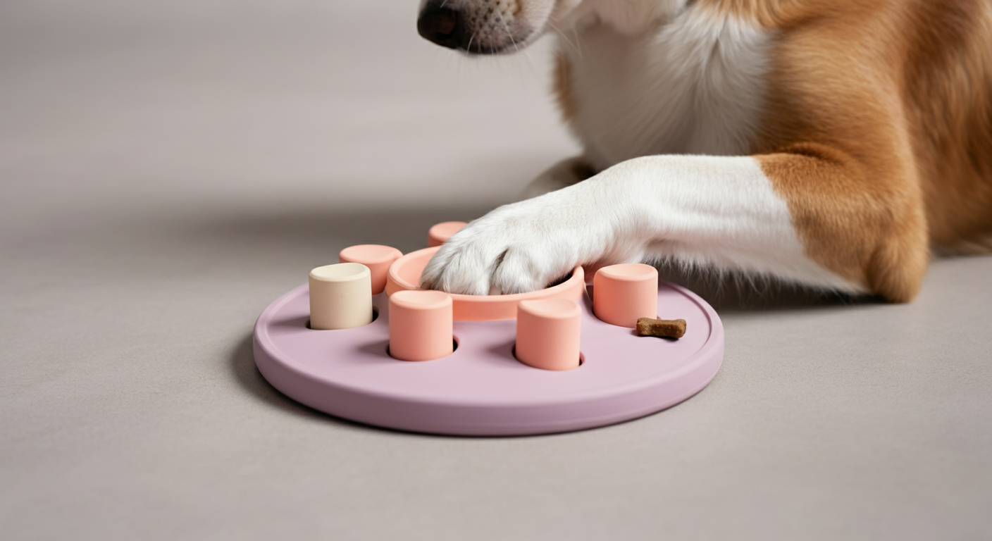 パステルカラーの知育トイを前足で上手に操作している犬のクローズアップ
