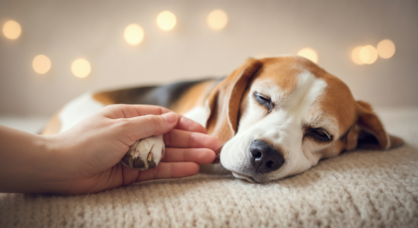 ベージュ色の毛布の上で眠る老犬(ビーグル)の手に、飼い主の手が優しく添えられている感動的な写真。