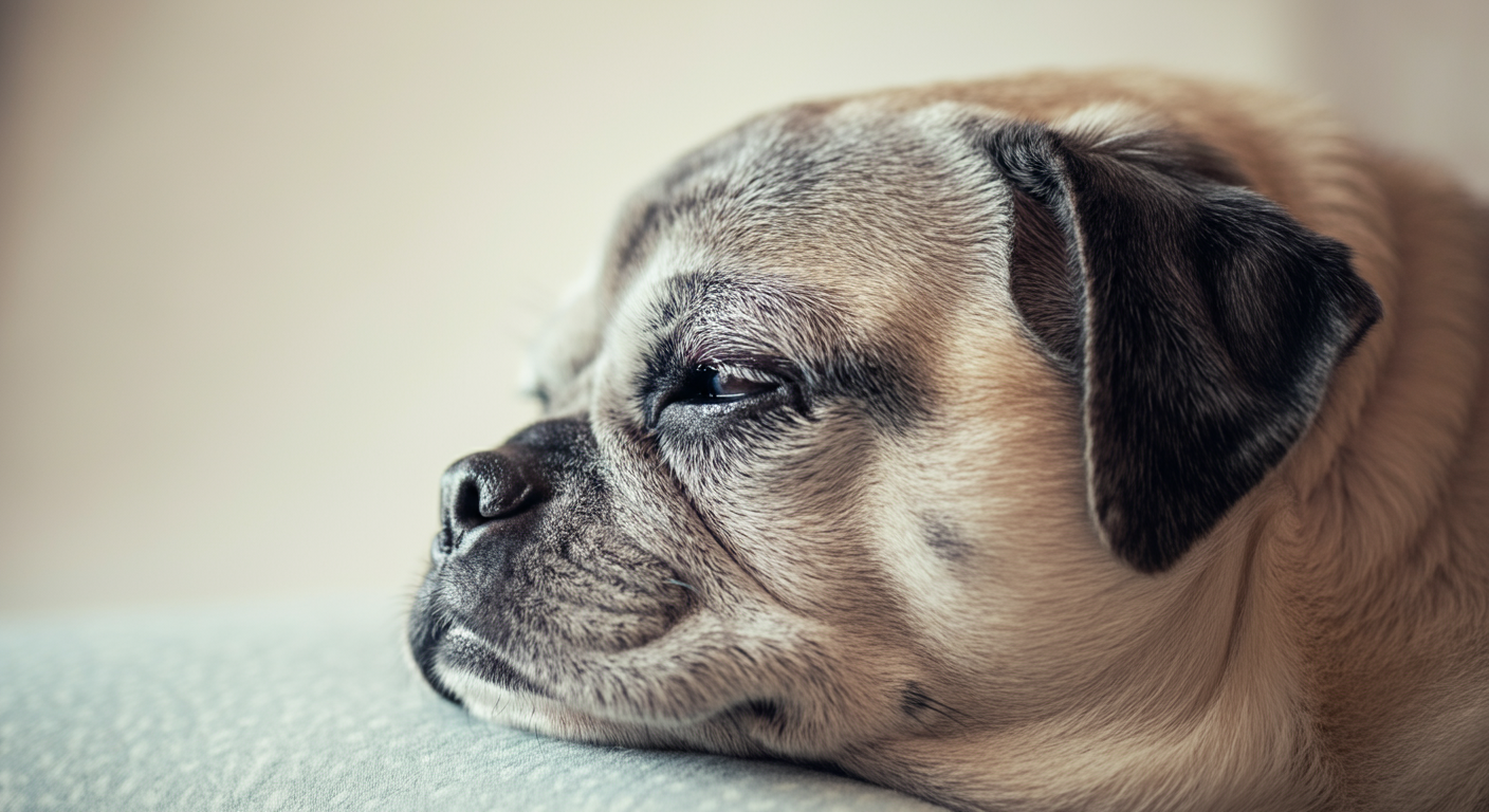 穏やかな表情で眠っているシニア犬の横顔のクローズアップ。