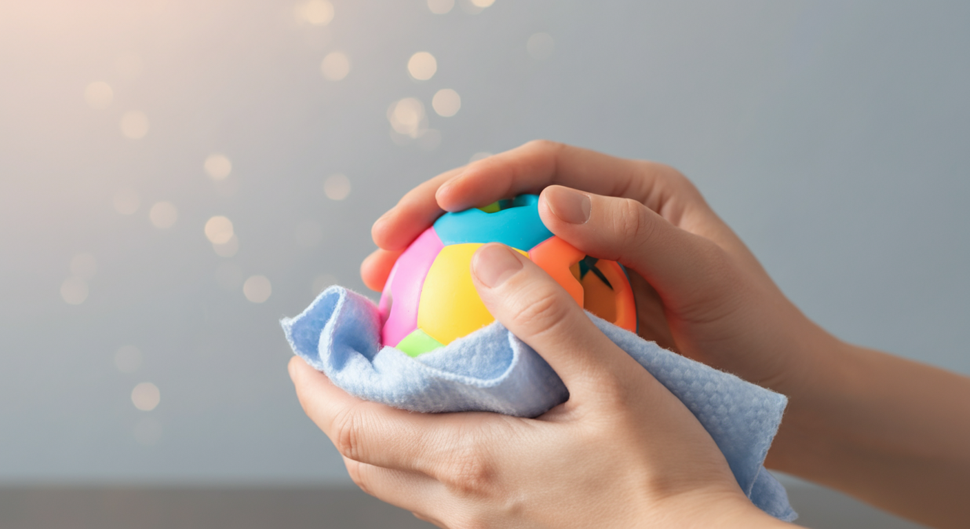 飼い主が布で犬用ボールを丁寧に拭いている手元のアップ