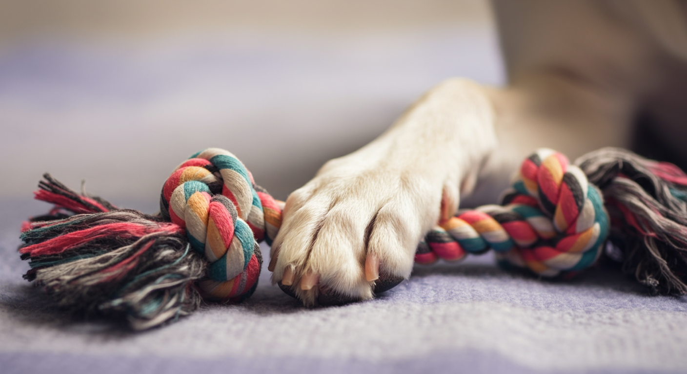 パステルカラーのロープのおもちゃの上に、優しく前足を置いている犬のクローズアップ。