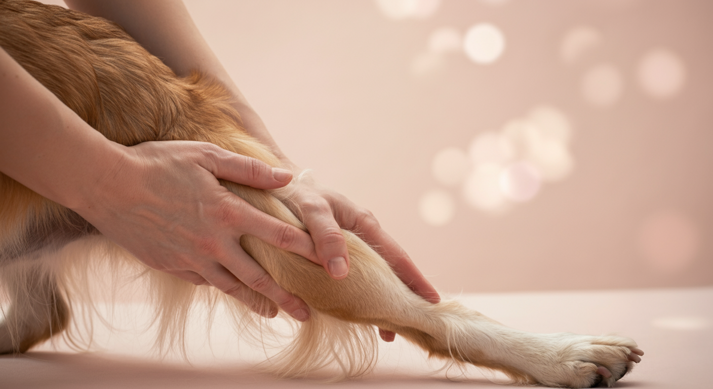 パステルカラーの優しい光の中で、飼い主が犬の足を優しくマッサージしているクローズアップ写真。