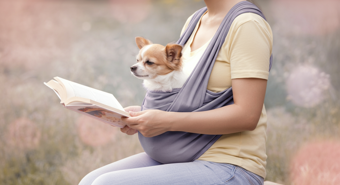飼い主がベンチに座り、両手が自由な状態でリラックスしている。膝の上のスリングでは小さな犬が安らかに休んでいる。