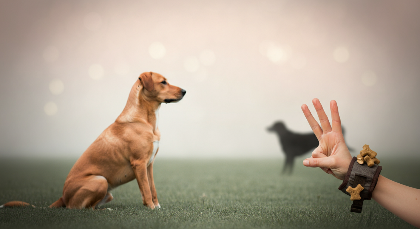 他の犬から少し離れた場所で落ち着いて座っている犬。手前には飼い主が3本の指を立てている。