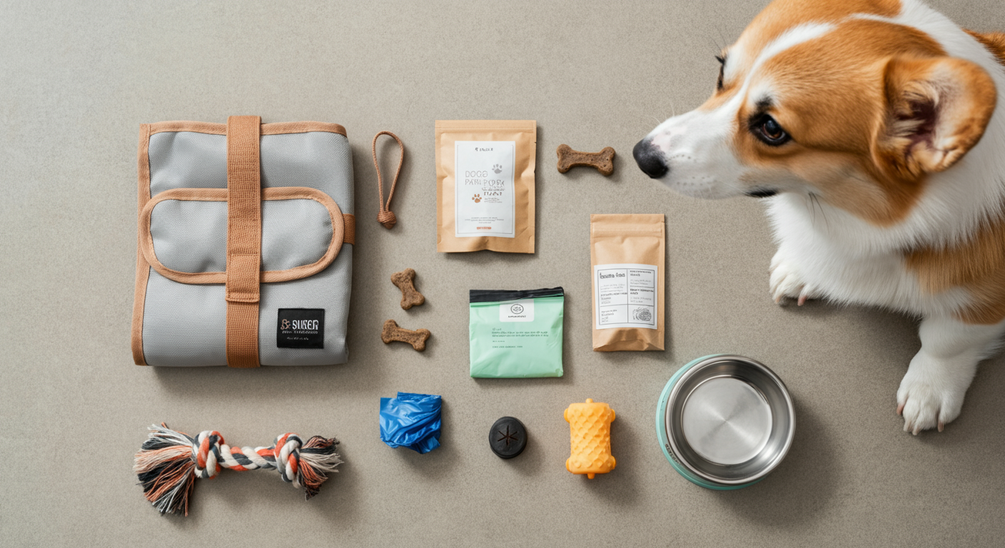 ミニマルなデザインの厳選されたドッグラン用持ち物(レジャーシート、水入れ、おやつ等)がおしゃれに並べられている。