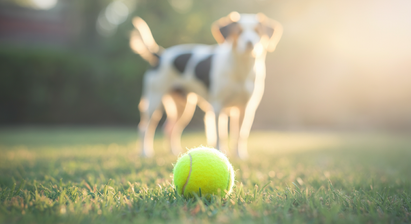 背景に犬のぼやけたシルエットがあり、手前の芝生の上に置かれた黄色いボールにピントが合っている写真。