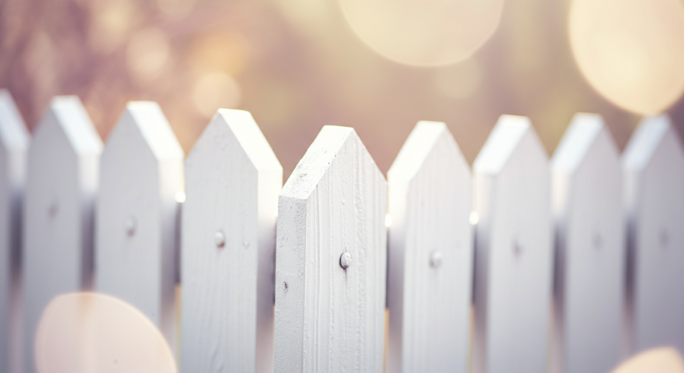 白いフェンスの杭にピントが合った抽象的な写真。背景は二つのエリアに分かれていることを示唆している。