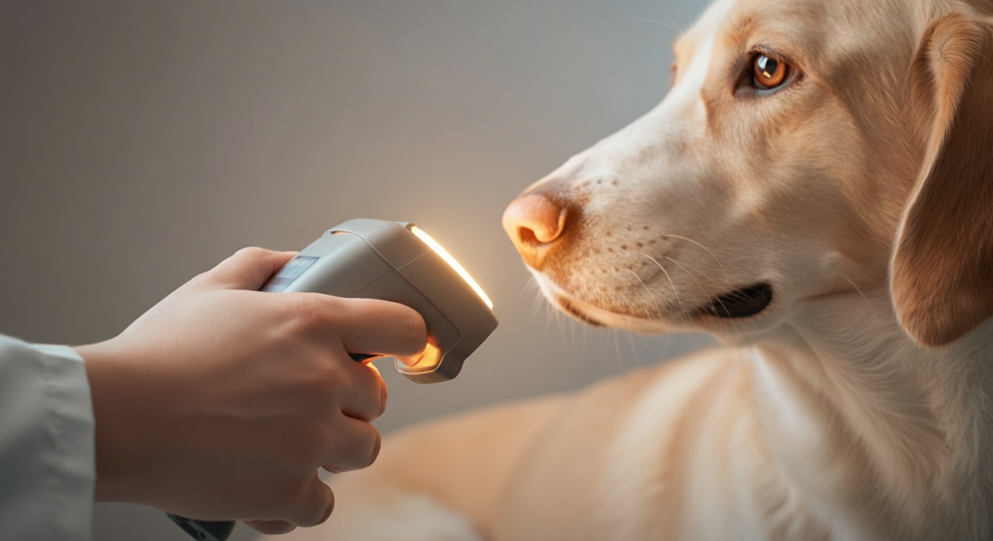 パステルカラーの診察室で、獣医師が犬の肩にマイクロチップスキャナーを優しく当てている抽象的な写真。