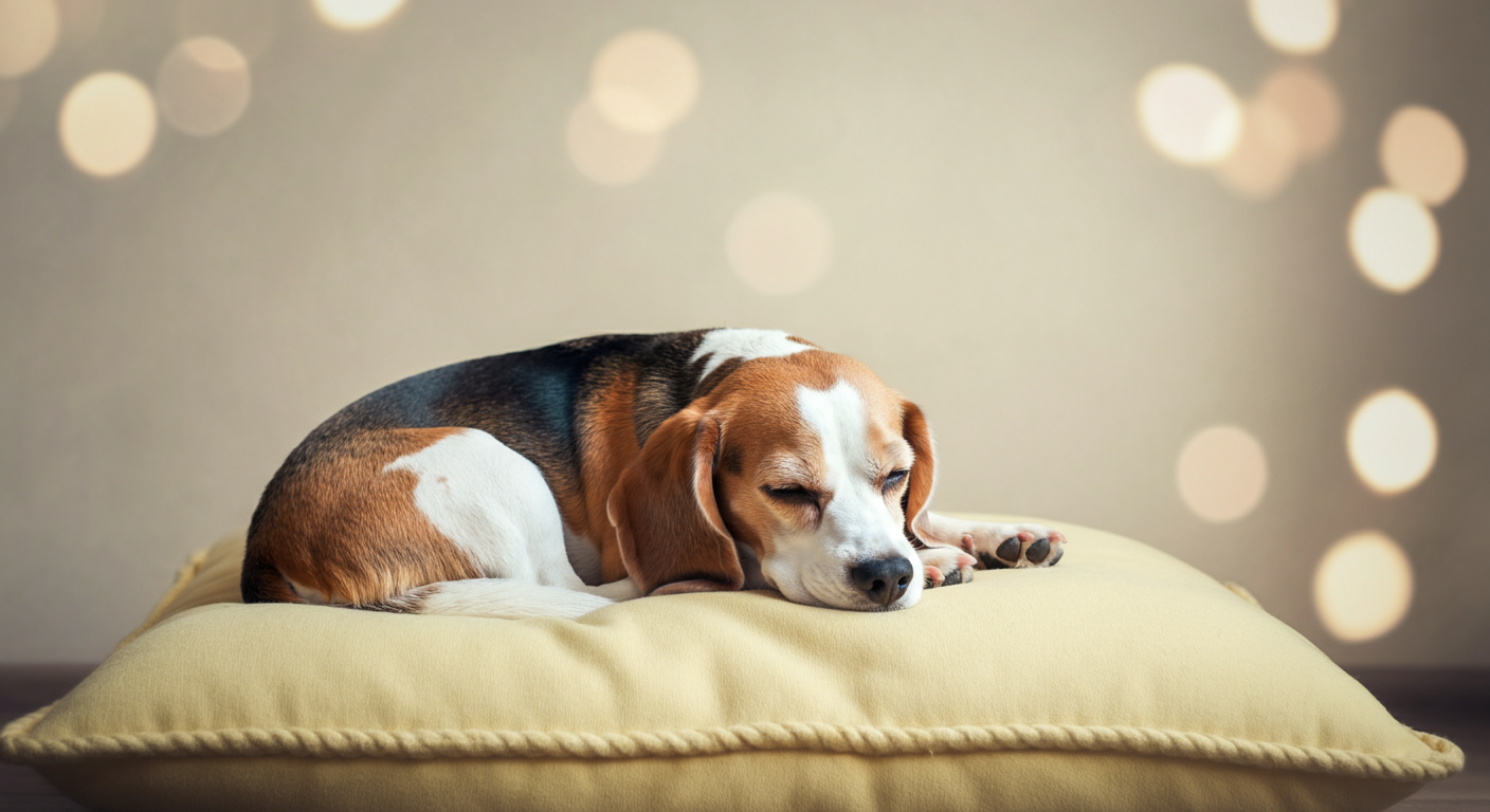 柔らかいクッションの上で気持ちよさそうに眠っている犬。