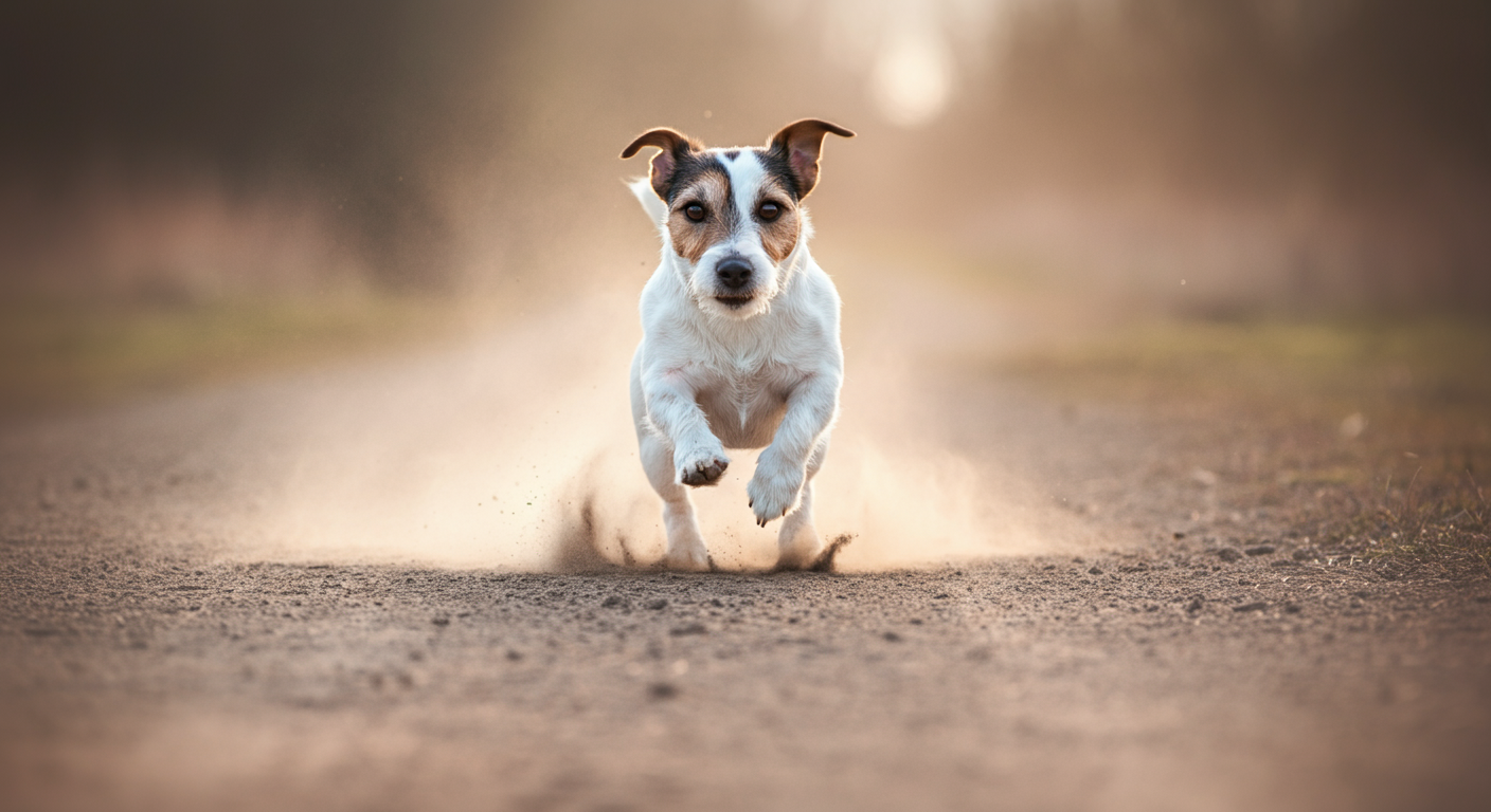 地面を蹴って走り出そうとしている犬の足元のアップ。興奮と期待感が表現されている。