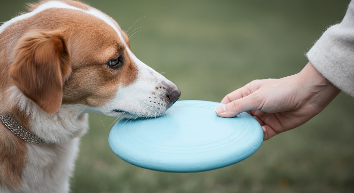 飼い主の手にフリスビーをそっと置く犬の口元のクローズアップ写真。