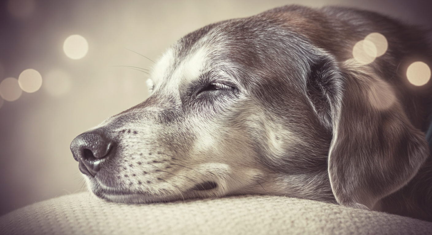 窓からの優しい光を浴びて、安らかに眠っているシニア犬の顔のクローズアップ。白くなった口周りの毛が愛おしい。