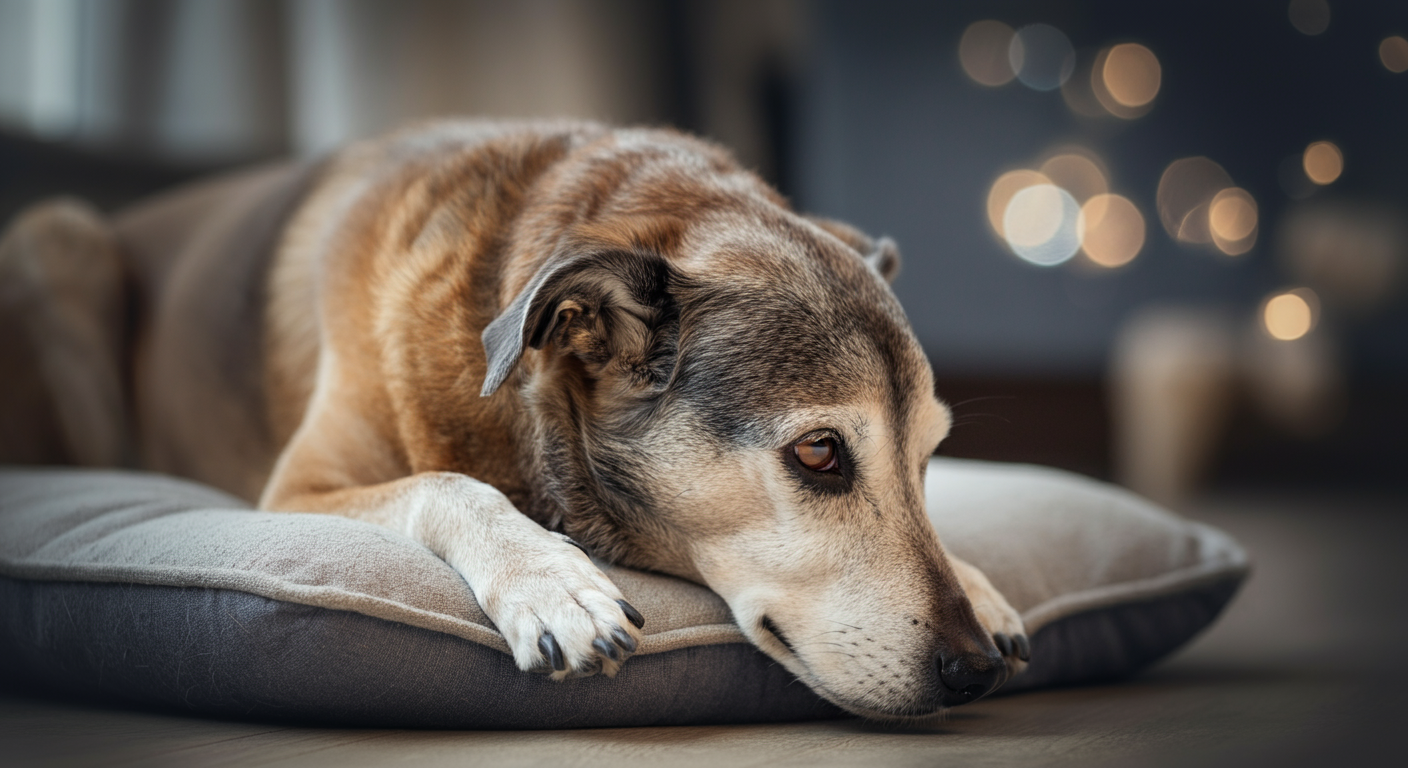 ドッグランから帰宅し、クッションの上で深く安心して休んでいるシニア犬の姿の写真。