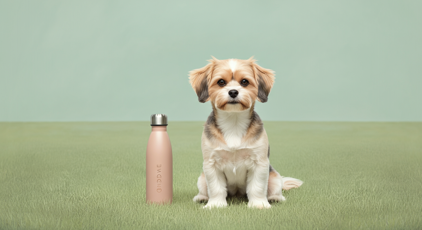 ドッグランの芝生の上で飼い主を待つ犬と、その横に置かれた給水ボトル。