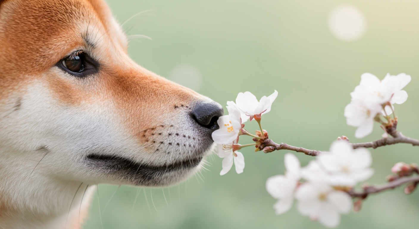 パステルカラーの背景に、白い花と犬の鼻のクローズアップ。清潔感と嗅覚をテーマにしたミニマルな写真。