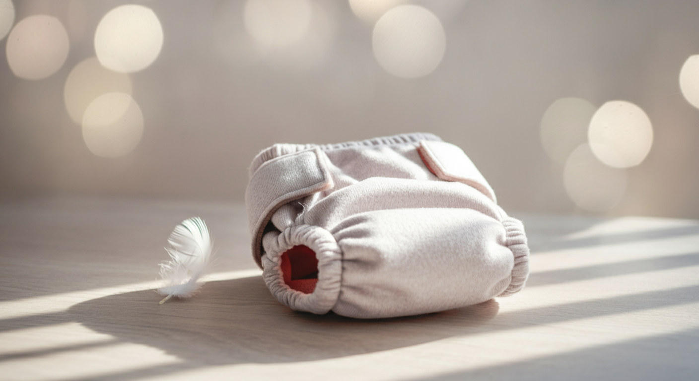 パステルカラーのミニマルな写真。清潔な木の上に置かれた、お洒落なデザインの犬用マナーウェアと、その横に置かれた一本の白い羽根。