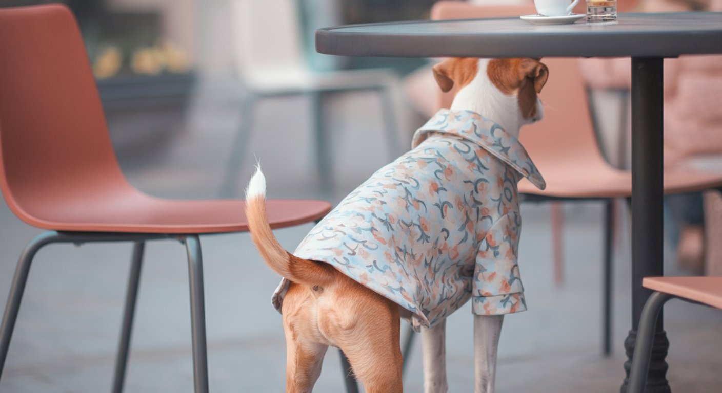 おしゃれなカフェのテラス席の床。スタイリッシュなデザインのマナーウェアをつけた犬のお尻と尻尾が写っている。