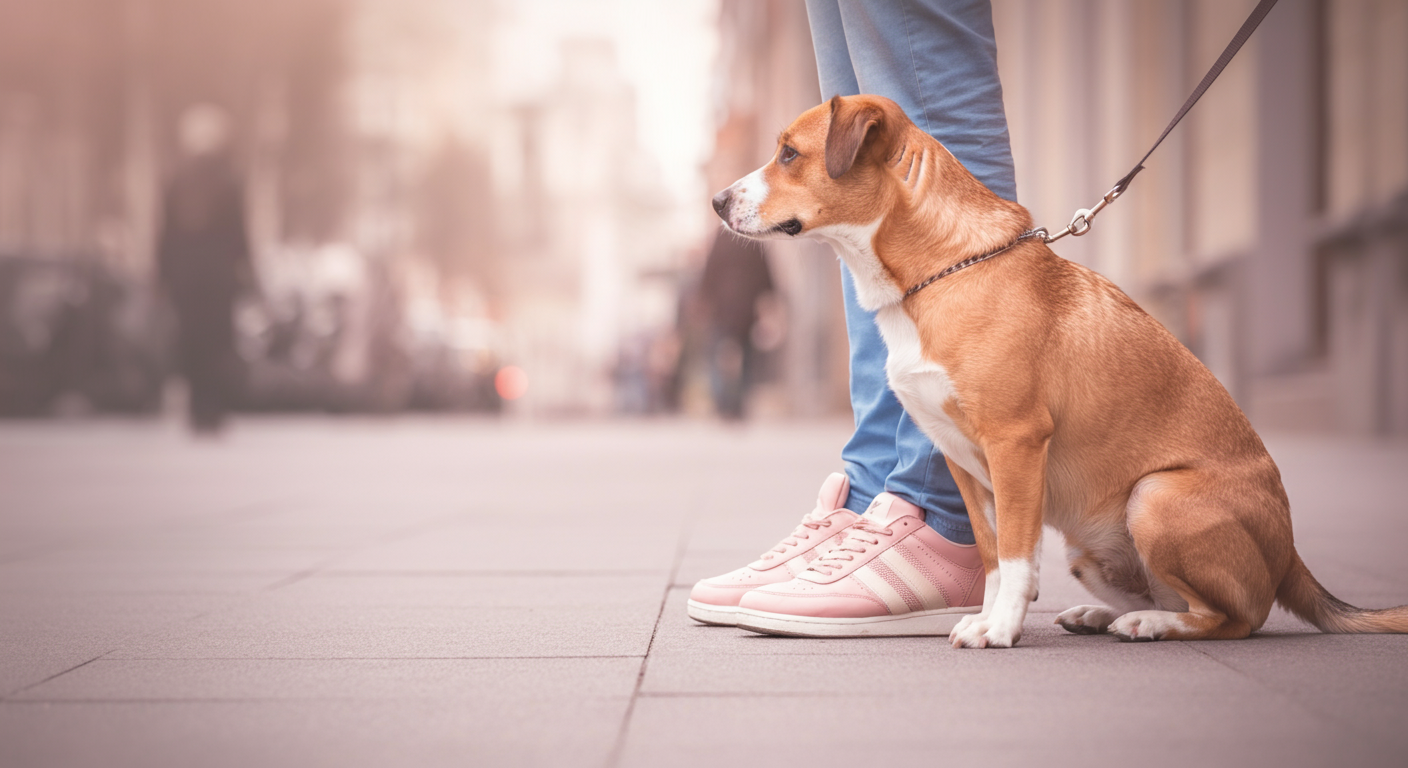 都会の歩道で、飼い主の足元に犬がぴったりと寄り添っている様子。短いリードが安心感を伝えている。