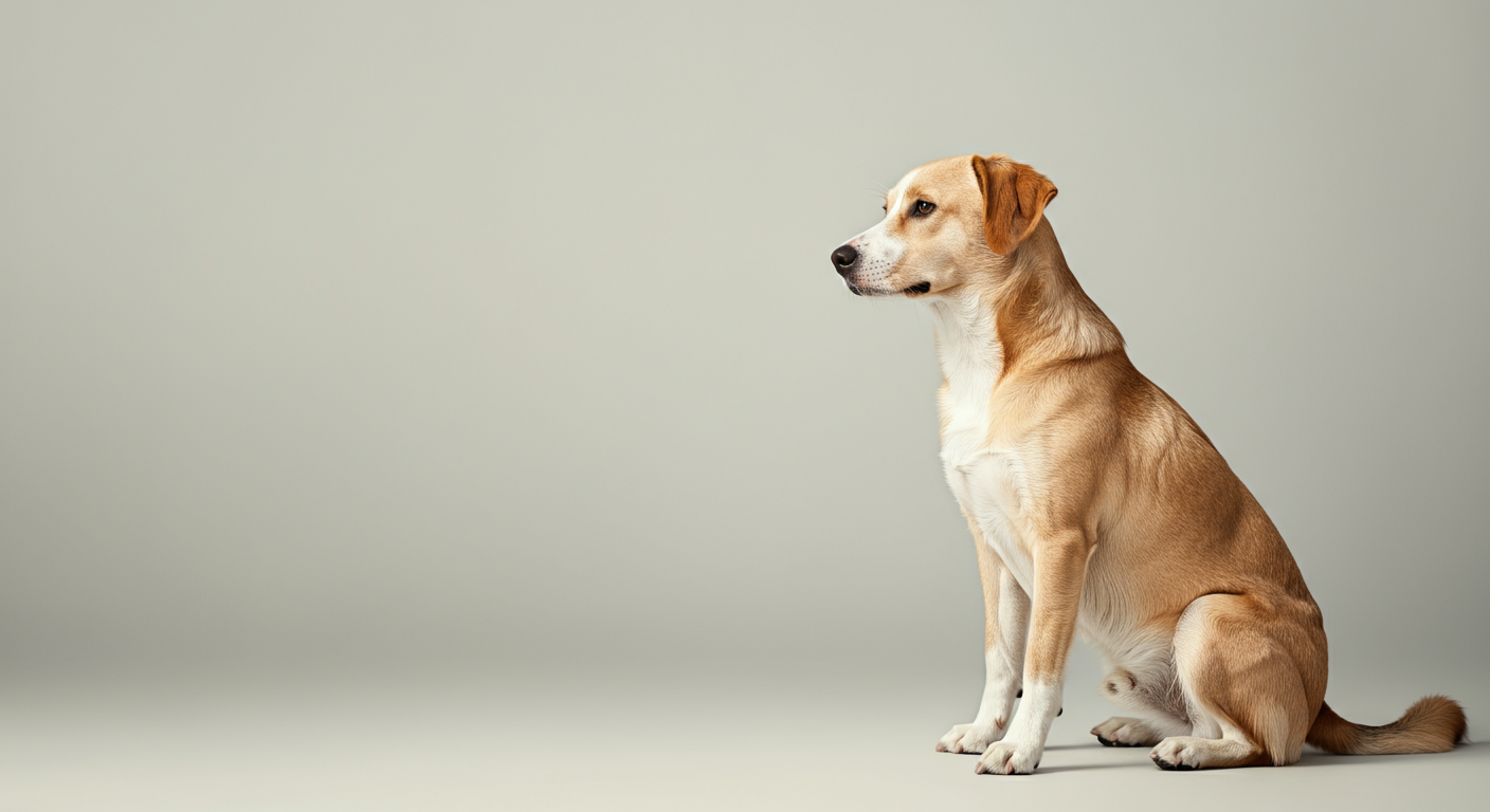 パステルカラーの背景の前で、落ち着いて「おすわり」をしている犬の美しい横顔。