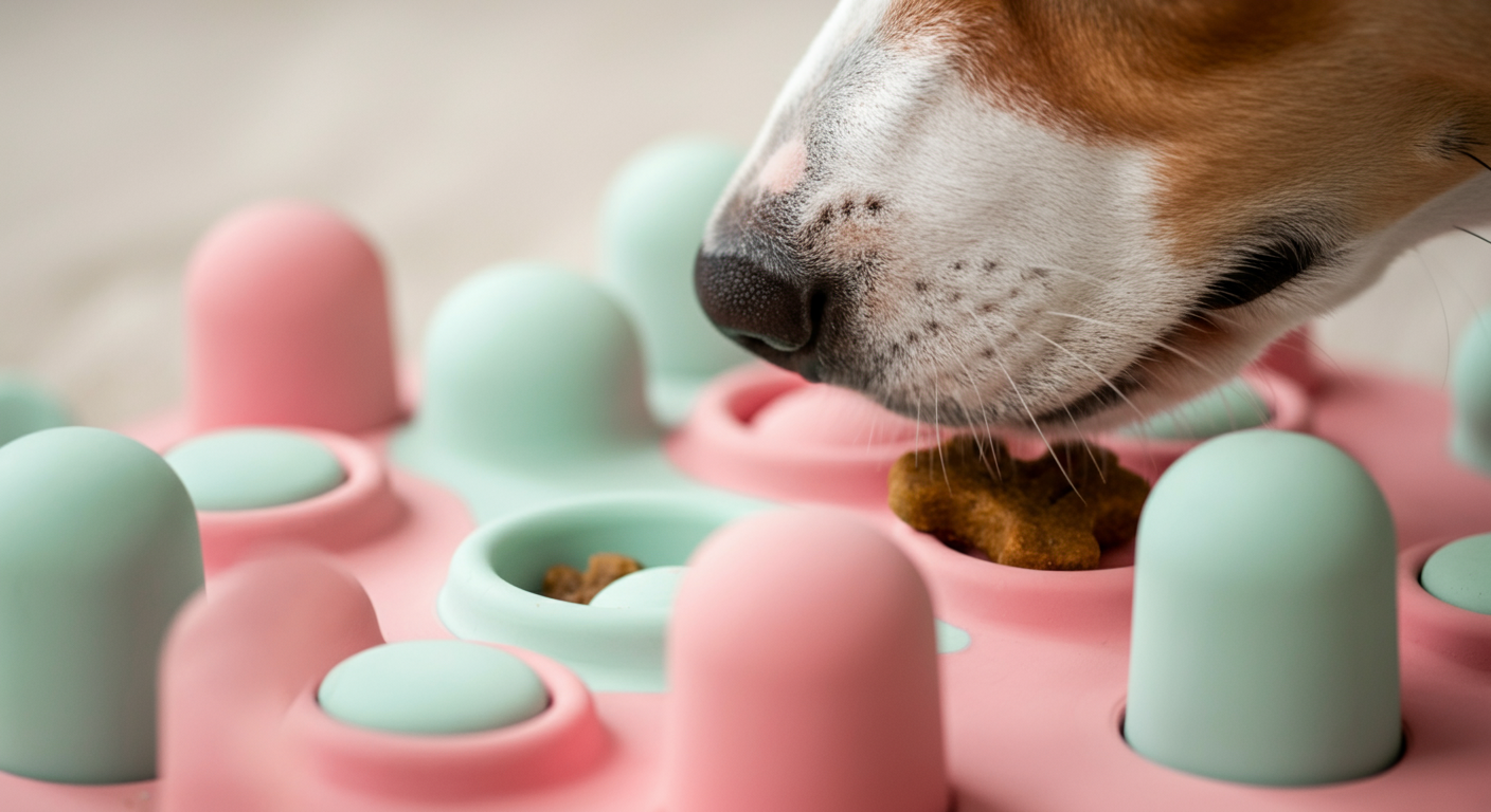 おやつが隠された知育トイの穴を、犬が鼻先で探っている様子のクローズアップ