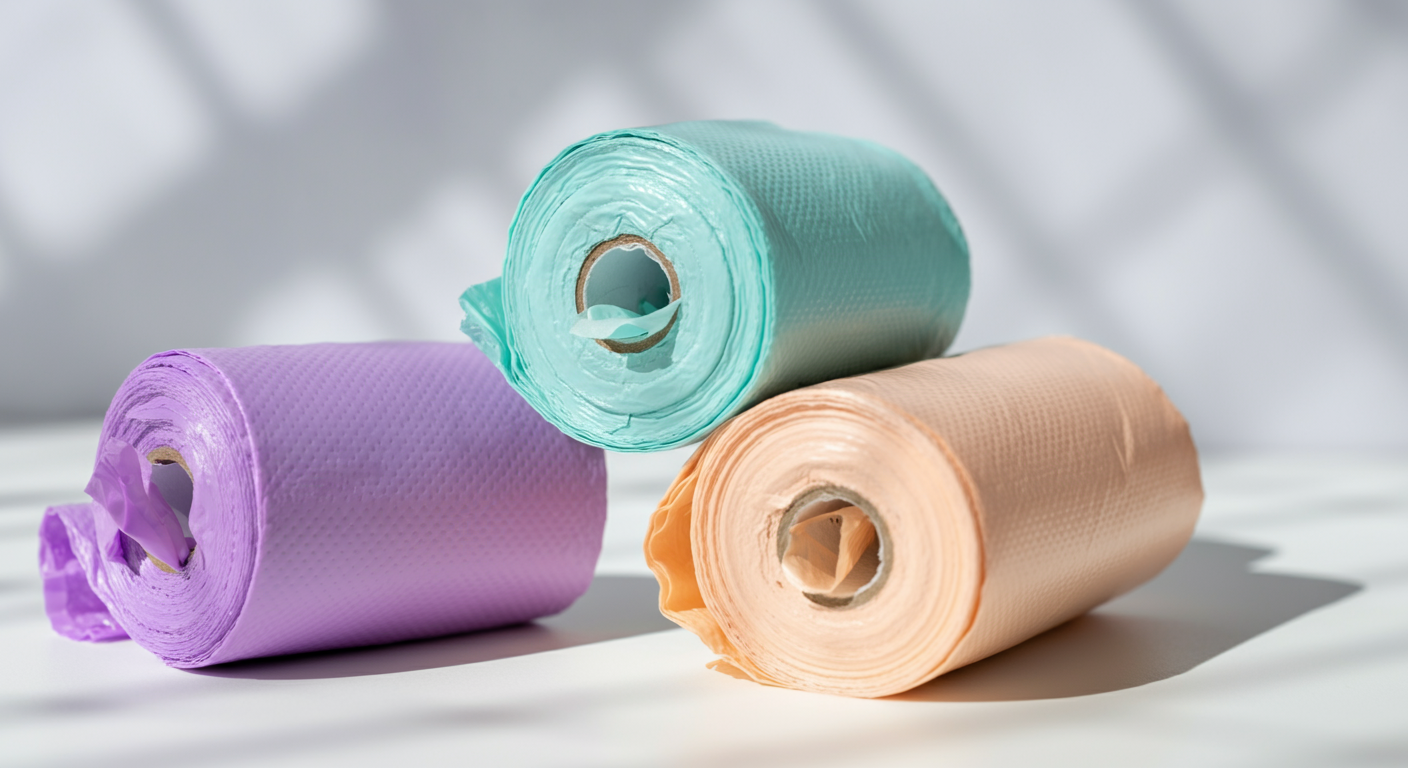 パステルカラーの3種類のうんち袋ロールが並べられたマクロ写真。素材の質感の違いがわかる。