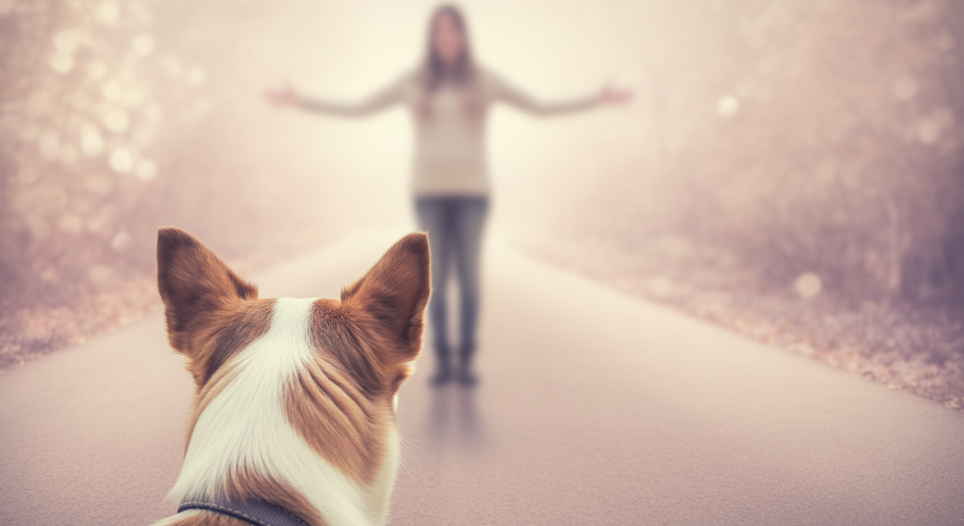 遠くで両手を広げる飼い主に向かっていく犬目線の写真。呼び戻しの喜びを表現している。