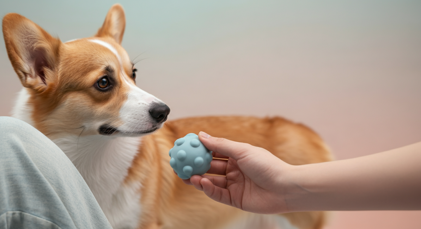 犬用おもちゃを手に取り、その安全性を確認している人の手元のクローズアップ。背景にはコーギーがぼんやりと写っている。