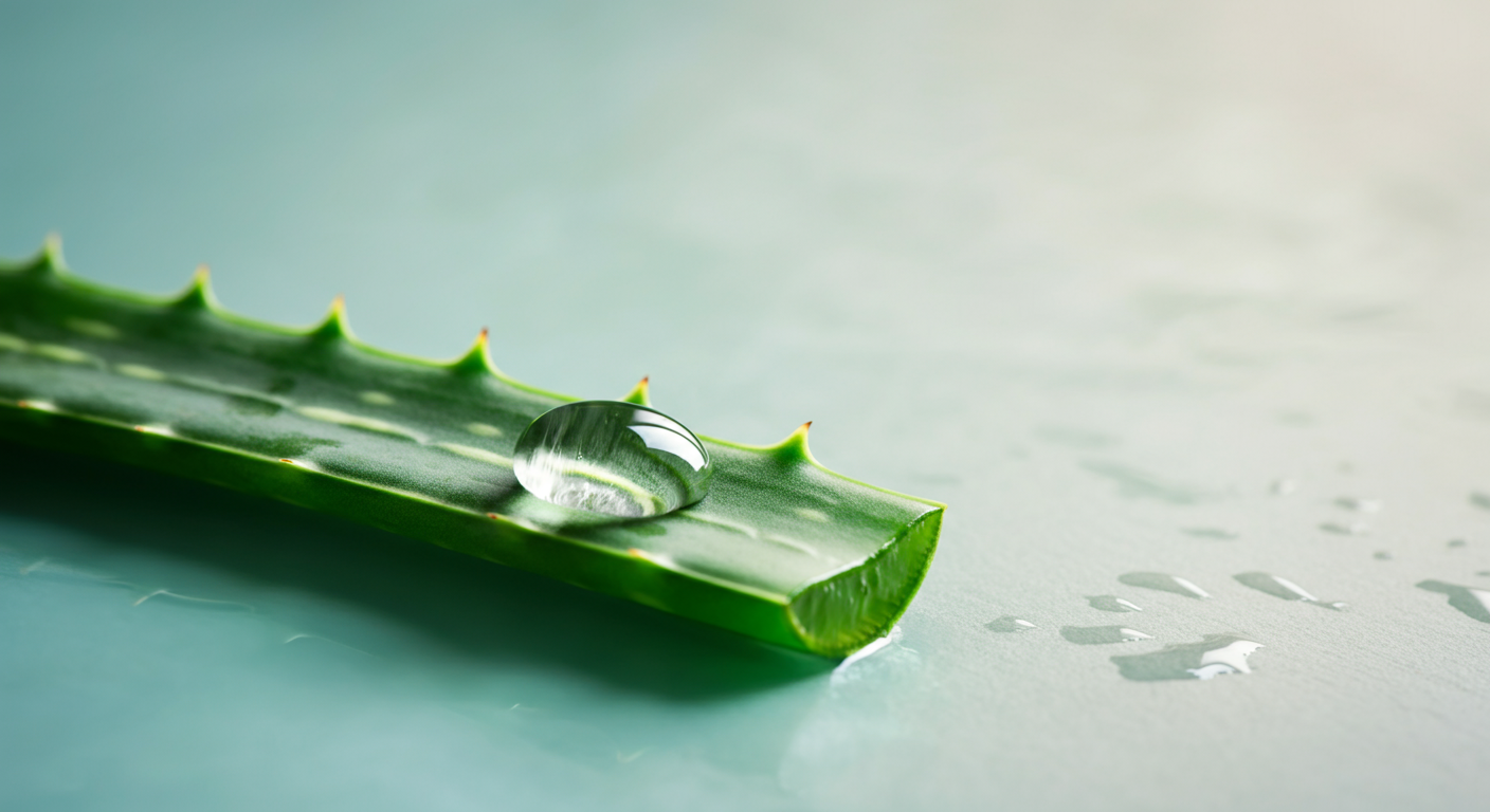 パステルカラーの背景で、みずみずしいアロエの葉の上にジェルのような雫が乗っているマクロ写真。