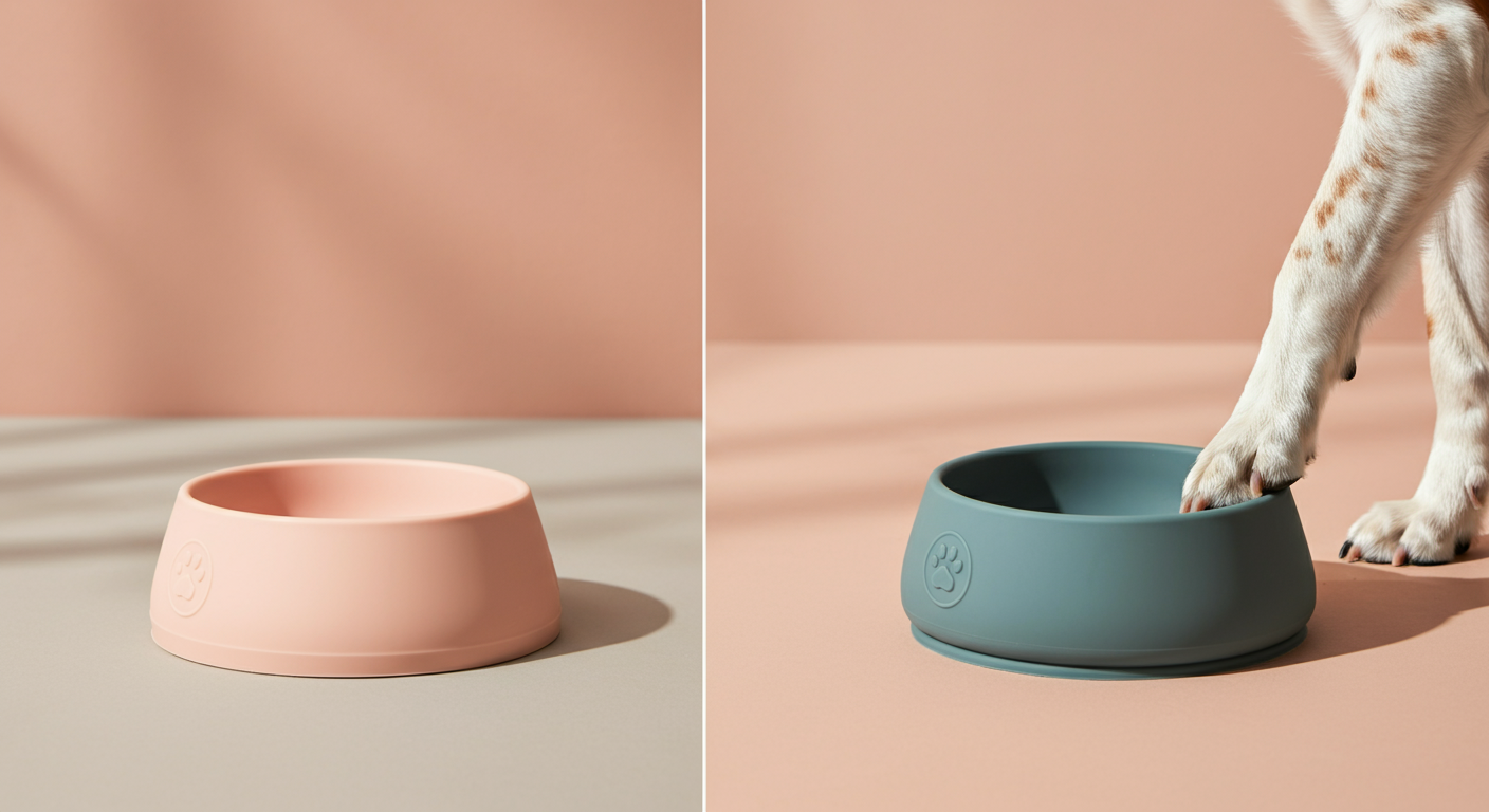 家で使っている陶器のボウルと、それと同じ色の携帯用シリコンボウルが並べられている写真。