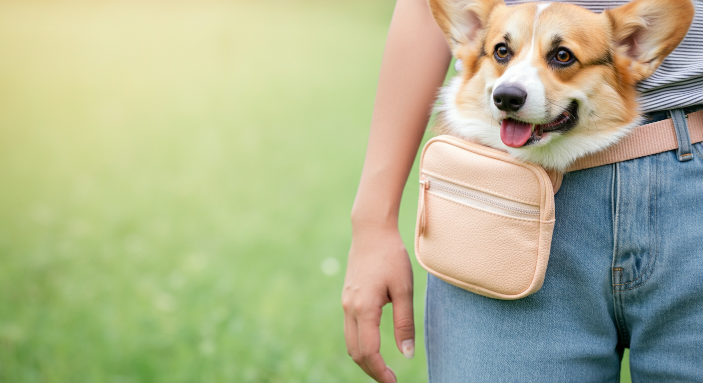 ジーンズのベルト部分に取り付けられたマナーポーチ。横からコーギーが楽しそうに顔をのぞかせている。