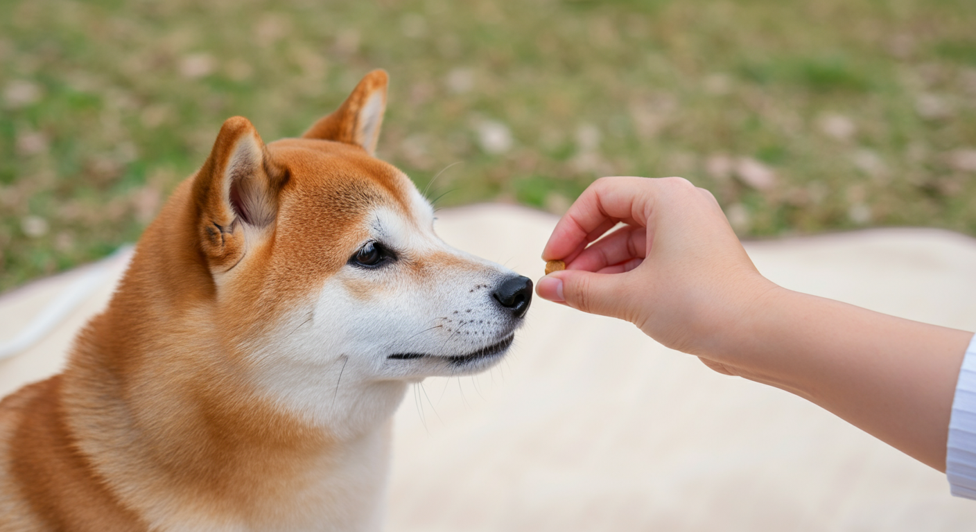 飼い主がレジャーシートの上に座る柴犬にご褒美のおやつをあげている瞬間のクローズアップ。
